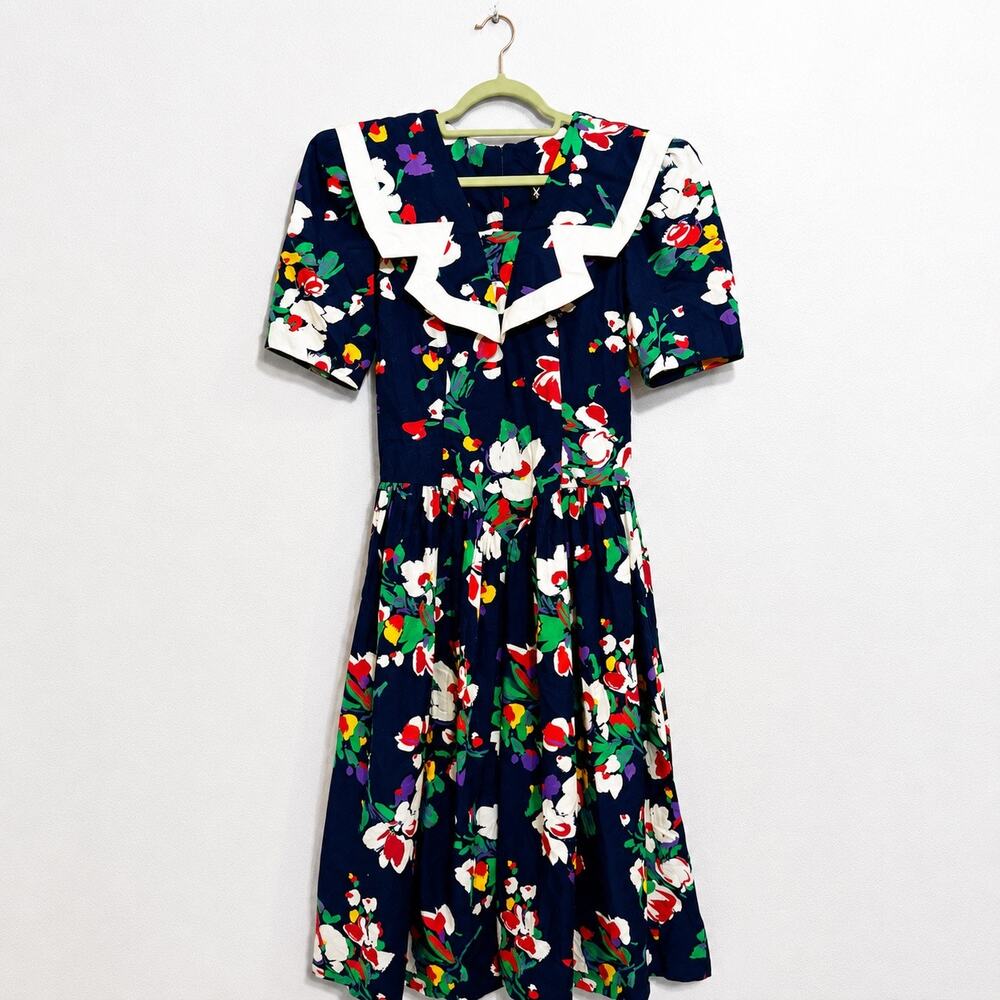 Kate Warren Navy Floral Maxi Dress White Sailor Collar Vintage 80s USA Sz 9/10